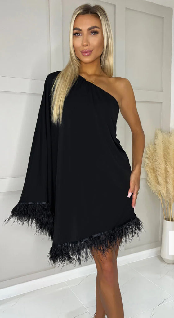 Black One Shoulder Batwing Sleeve Feather Hem Dress